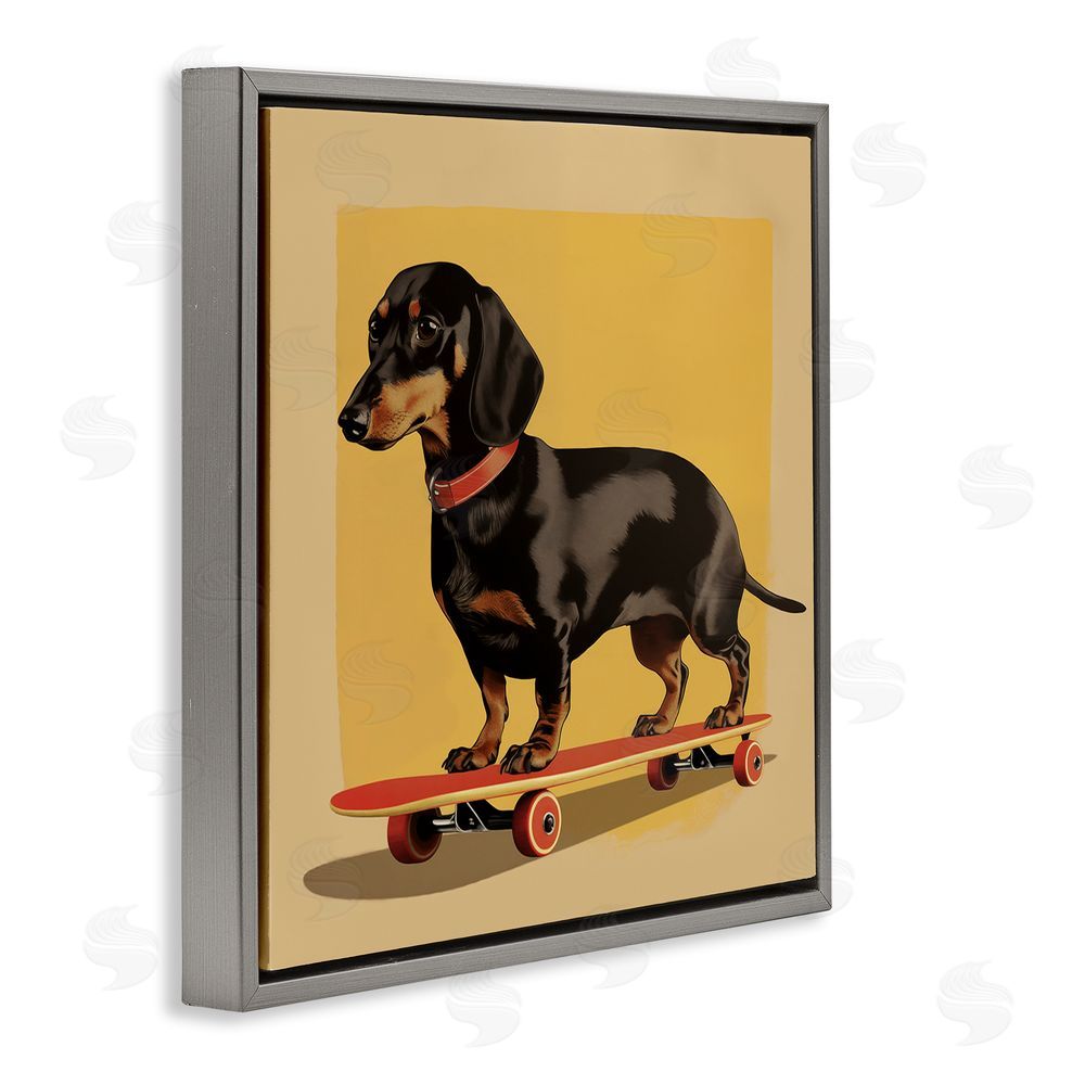 Andreas Magnusson Dachshund on Red Skateboard Gray Floating Frame Canvas Wall Art Print