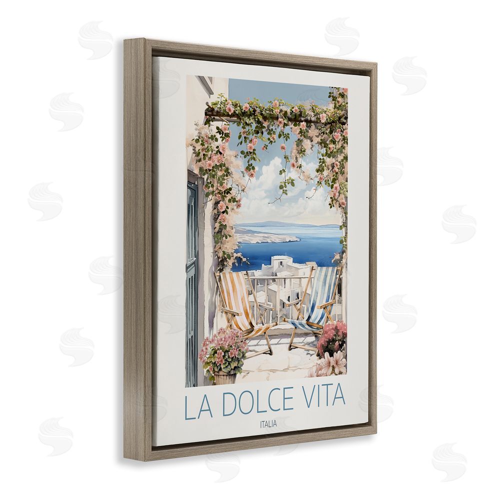 CAD Designs Coastal Italian Balcony View Brown Floating Frame Canvas Wall Art Print