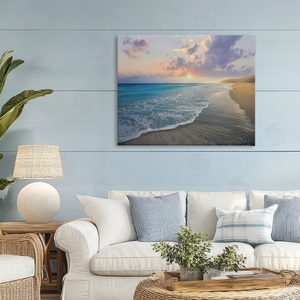 Mike Calascibetta Sunset over Tranquil Coast Stretched Canvas Wall Art in Room