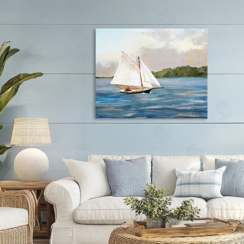 Katie Swatland White Sailboat on Calm Blue Sea Stretched Canvas Wall Art in Room