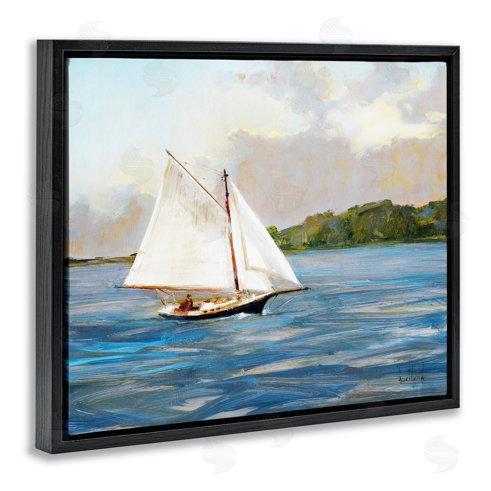 Katie Swatland White Sailboat on Calm Blue Sea Black Floating Frame Canvas Wall Art Print