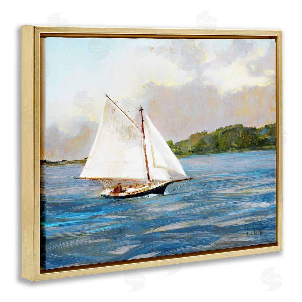 Katie Swatland White Sailboat on Calm Blue Sea Gold Floating Frame Canvas Wall Art Print