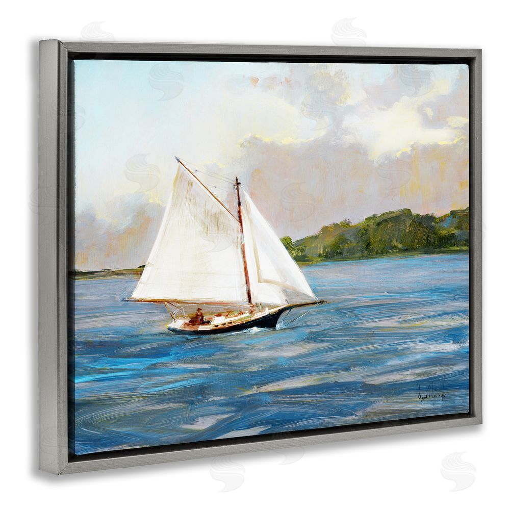 Katie Swatland White Sailboat on Calm Blue Sea Gray Floating Frame Canvas Wall Art Print