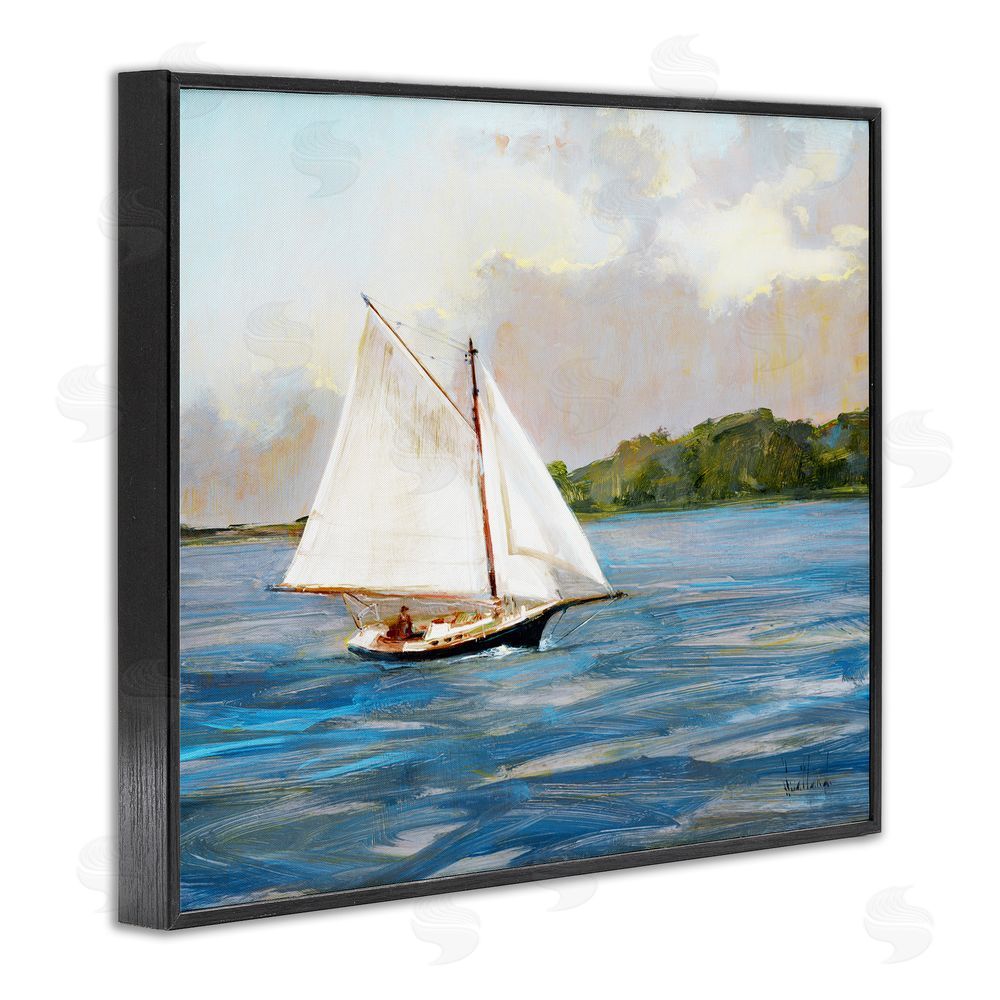 Katie Swatland White Sailboat on Calm Blue Sea Black Framed Giclee Wall Art Print