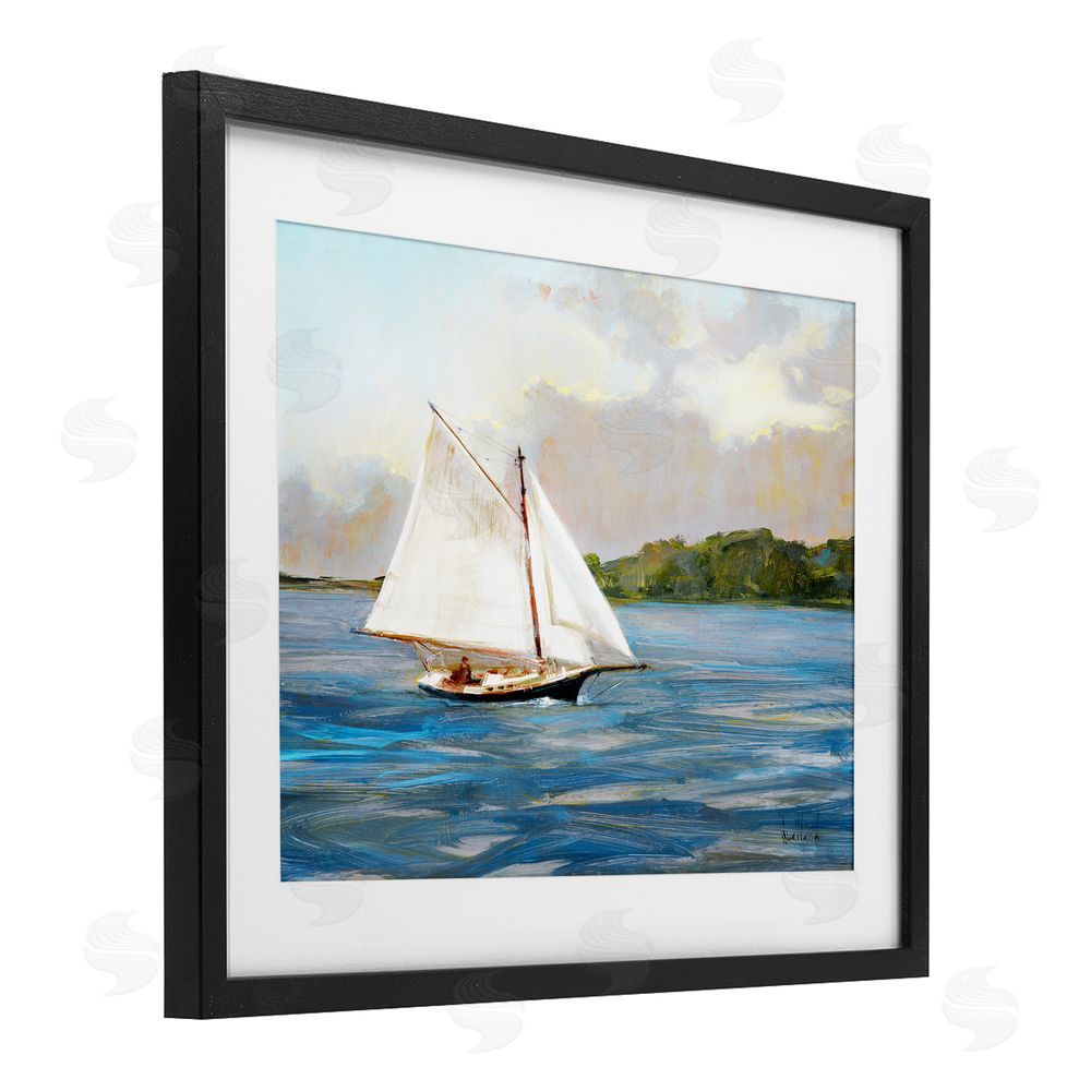 Katie Swatland White Sailboat on Calm Blue Sea Black Framed Print Under Glass Wall Art