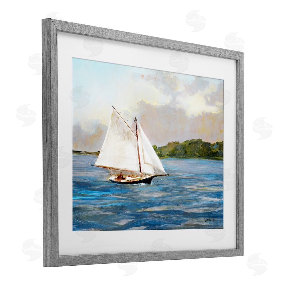 Katie Swatland White Sailboat on Calm Blue Sea Gray Framed Print Under Glass Wall Art