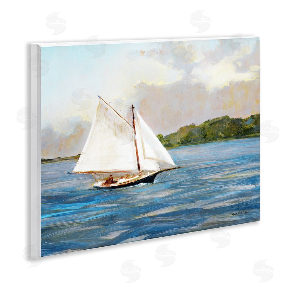 Katie Swatland White Sailboat on Calm Blue Sea Wooden Wall Plaque Art Print