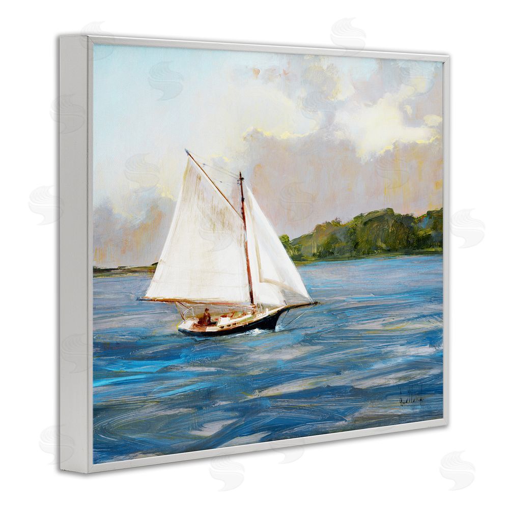 Katie Swatland White Sailboat on Calm Blue Sea White Framed Giclee Wall Art Print