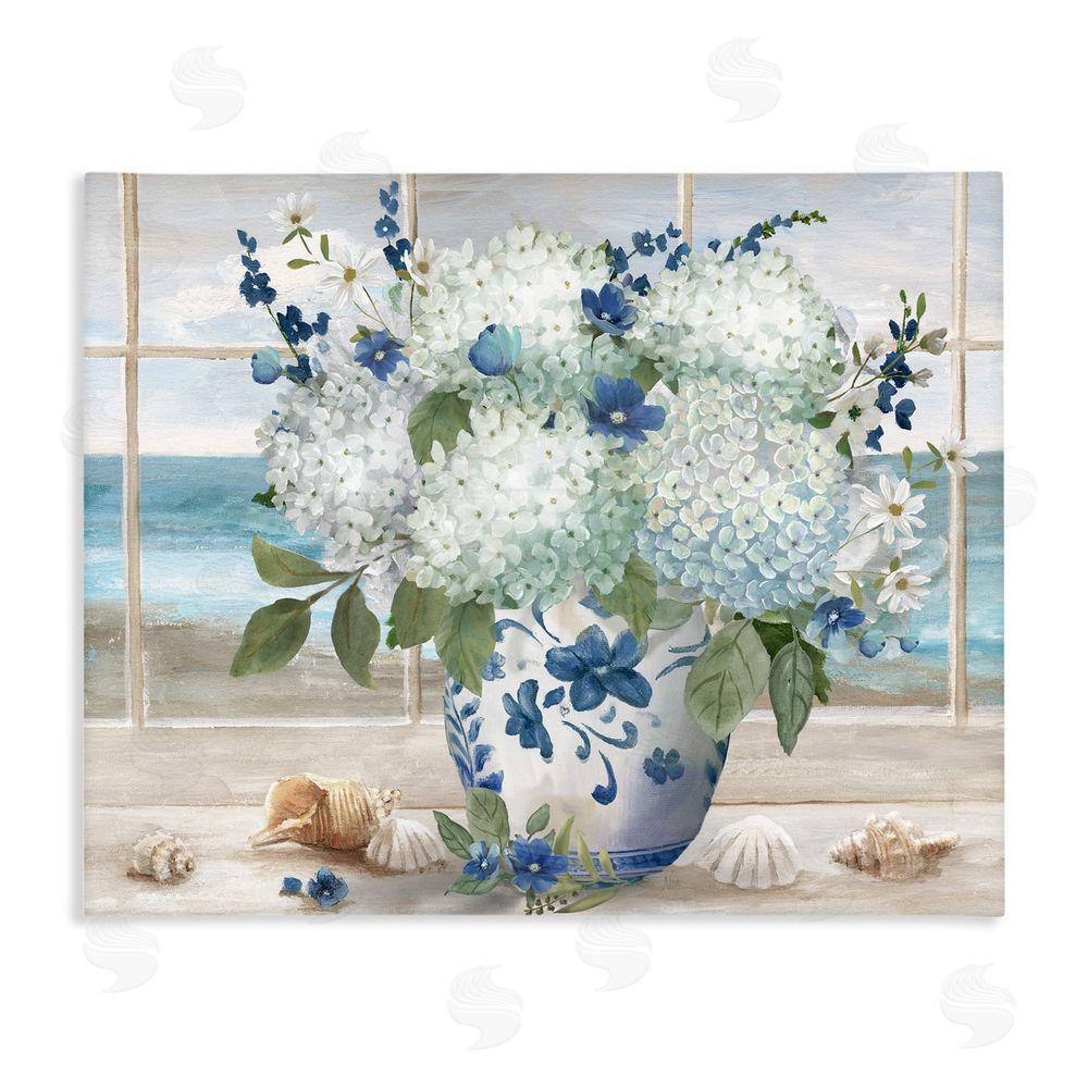 Nan Seaside Hydrangea Bouquet in Window Stretched Canvas Wall Art Print