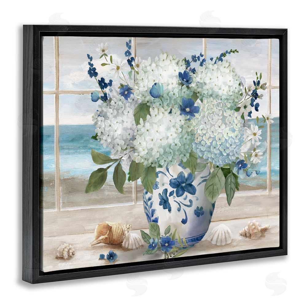 Nan Seaside Hydrangea Bouquet in Window Black Floating Frame Canvas Wall Art Print