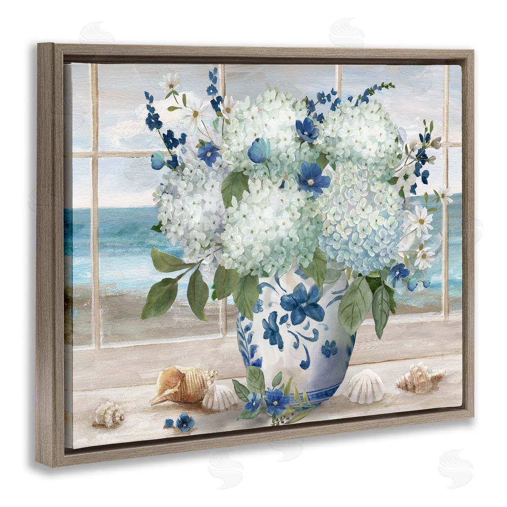Nan Seaside Hydrangea Bouquet in Window Brown Floating Frame Canvas Wall Art Print