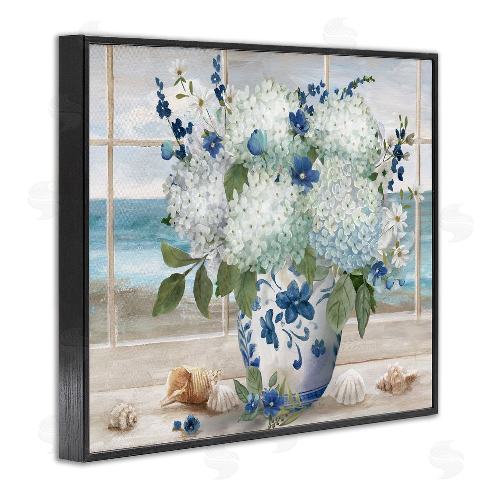 Nan Seaside Hydrangea Bouquet in Window Black Framed Giclee Wall Art Print