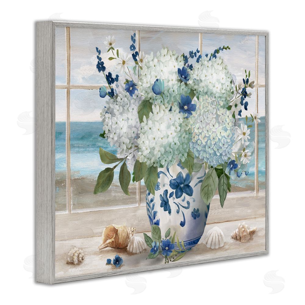 Nan Seaside Hydrangea Bouquet in Window Gray Framed Giclee Wall Art Print