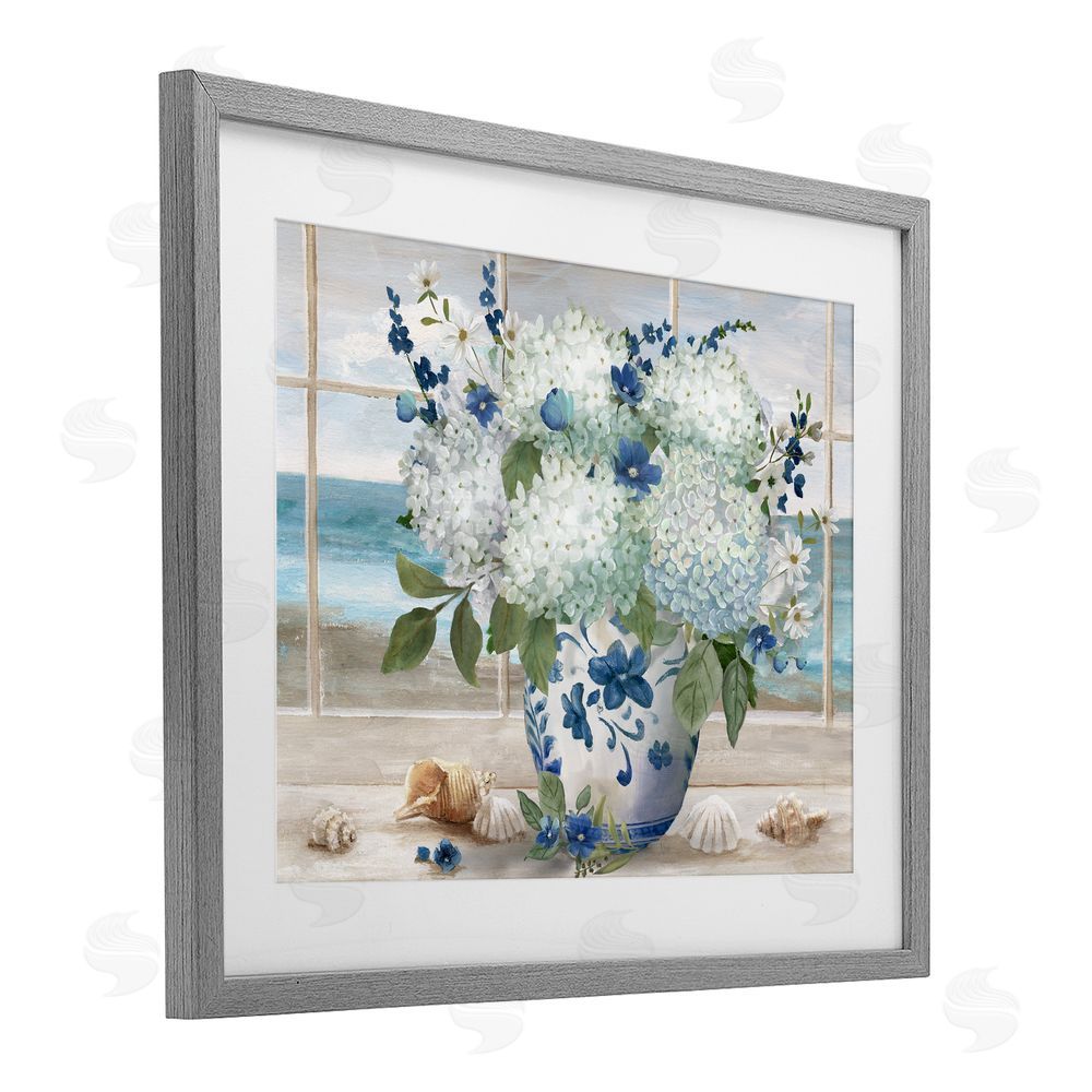 Nan Seaside Hydrangea Bouquet in Window Gray Framed Print Under Glass Wall Art
