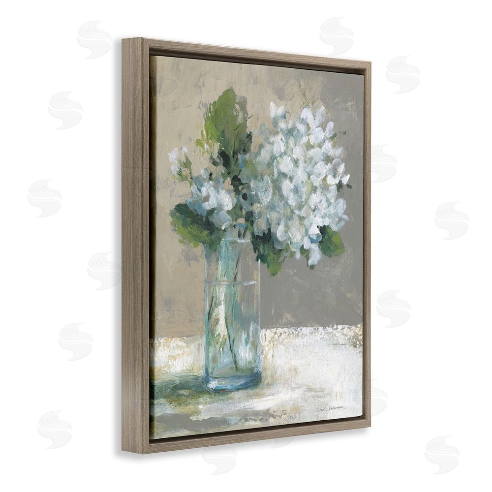 Carol Robinson Serene White Hydrangeas in Glass Brown Floating Frame Canvas Wall Art Print