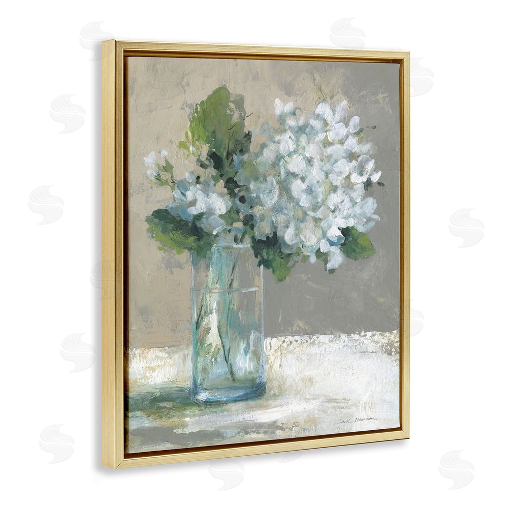 Carol Robinson Serene White Hydrangeas in Glass Gold Floating Frame Canvas Wall Art Print