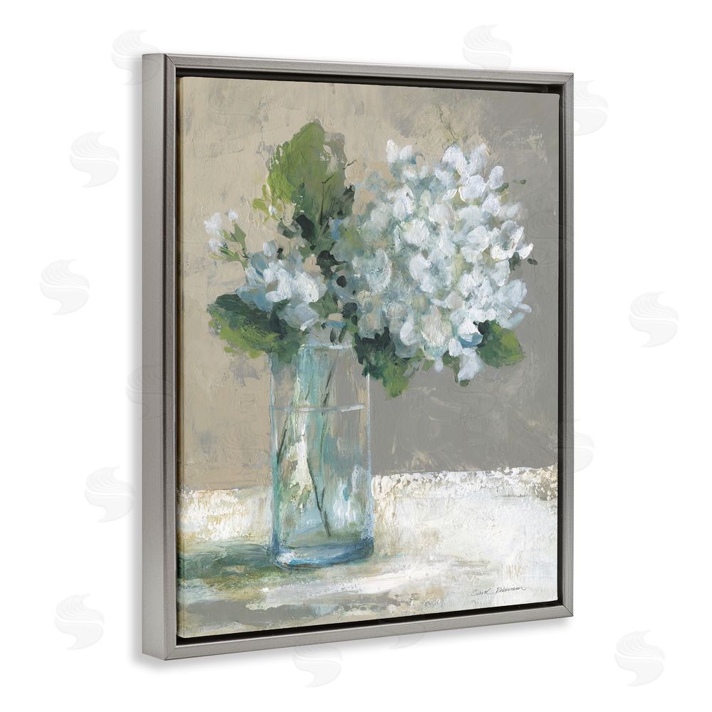 Carol Robinson Serene White Hydrangeas in Glass Gray Floating Frame Canvas Wall Art Print