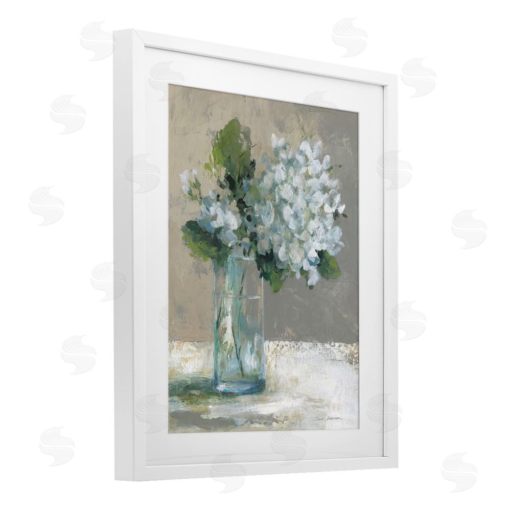 Carol Robinson Serene White Hydrangeas in Glass White Framed Print Under Glass Wall Art