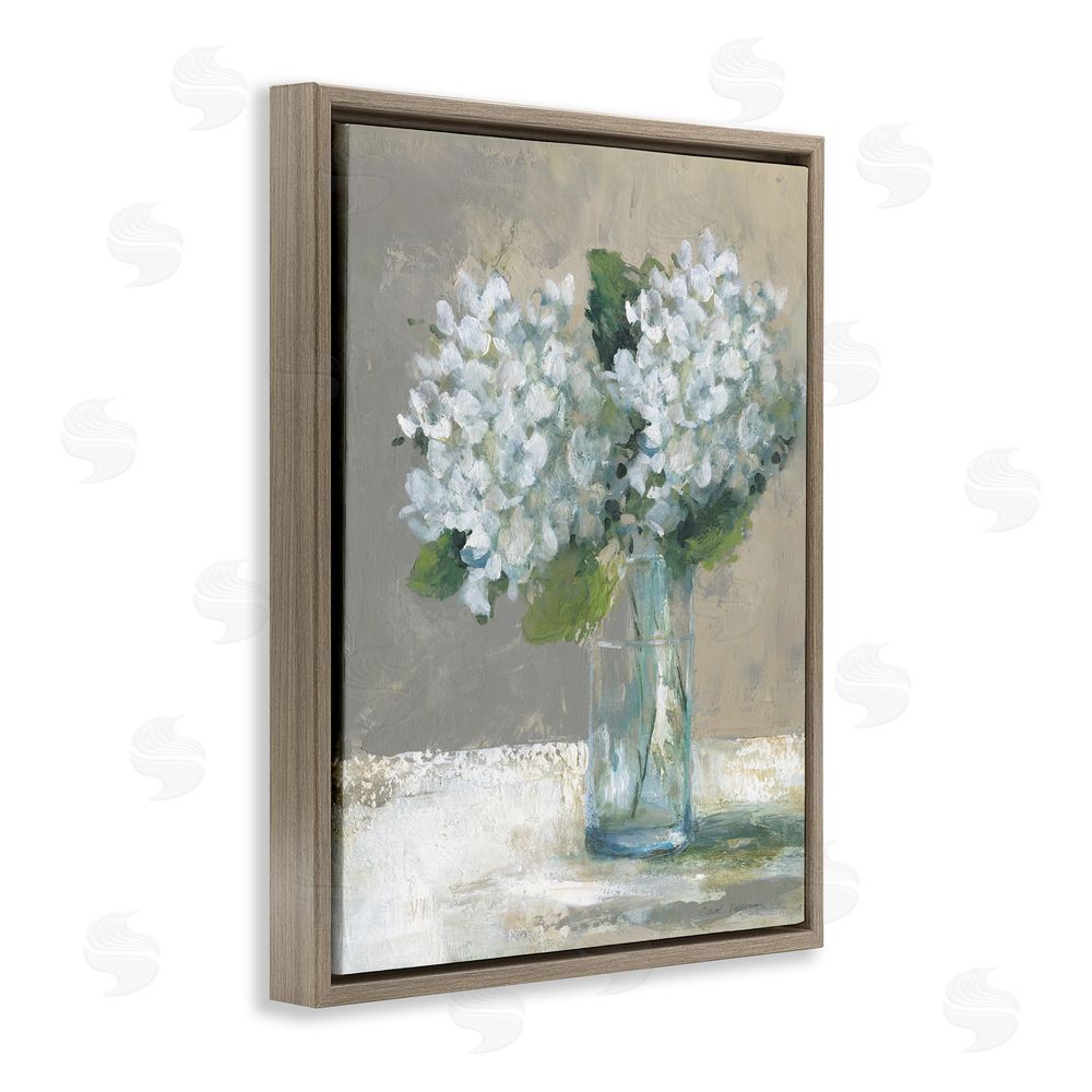 Carol Robinson White Hydrangeas Glass Vase Brown Floating Frame Canvas Wall Art Print