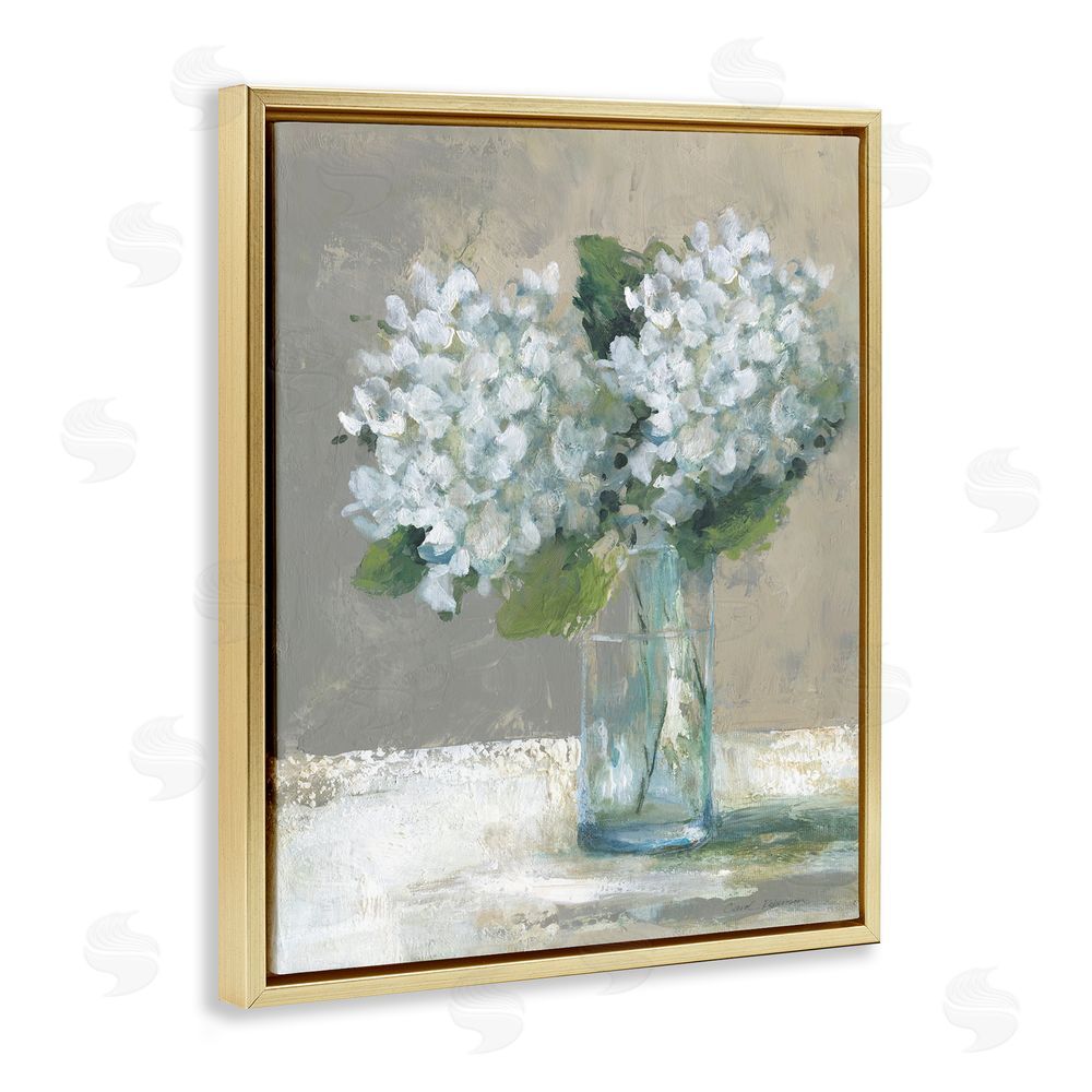 Carol Robinson White Hydrangeas Glass Vase Gold Floating Frame Canvas Wall Art Print
