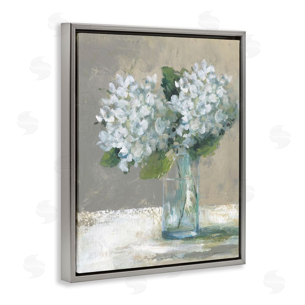 Carol Robinson White Hydrangeas Glass Vase Gray Floating Frame Canvas Wall Art Print