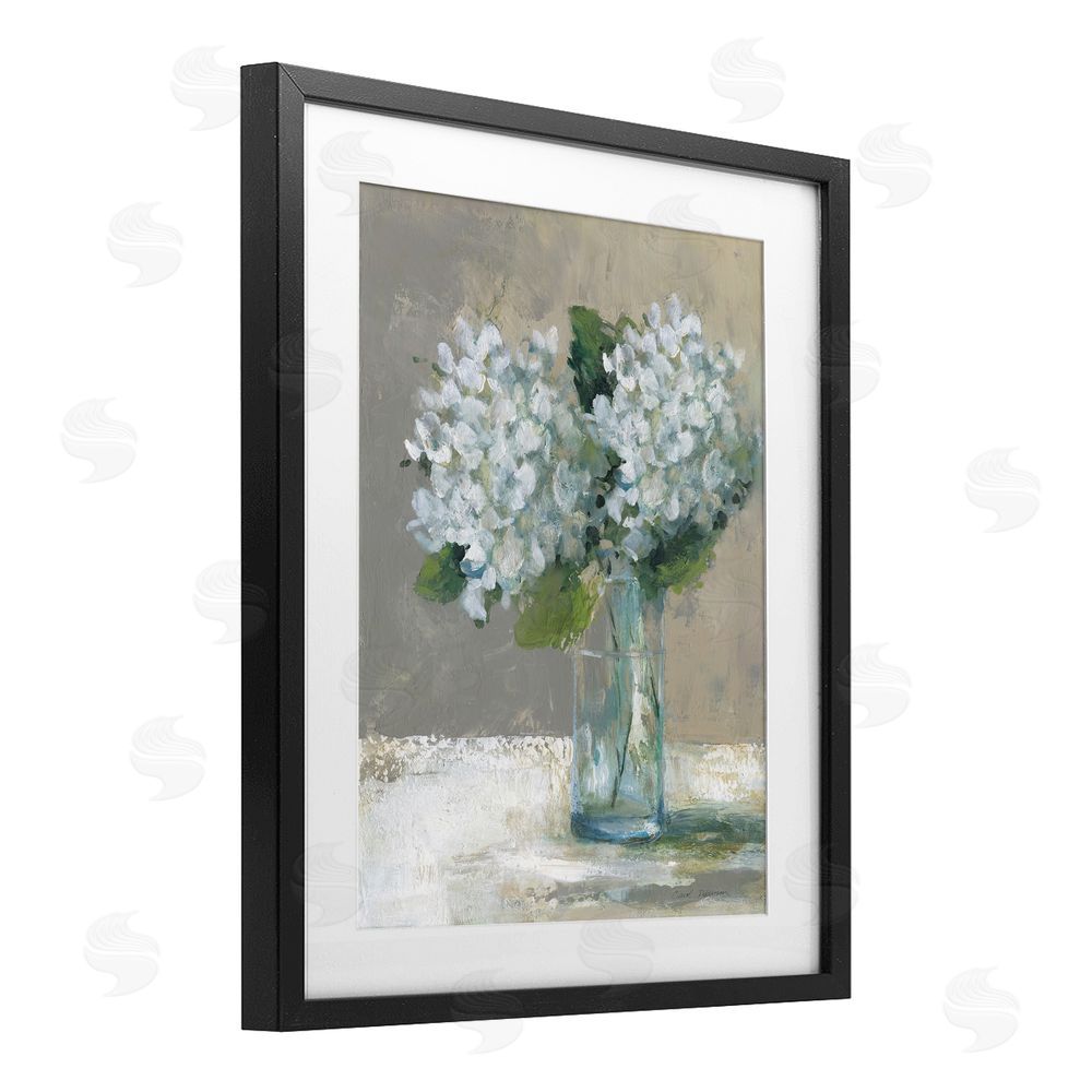 Carol Robinson White Hydrangeas Glass Vase Black Framed Print Under Glass Wall Art