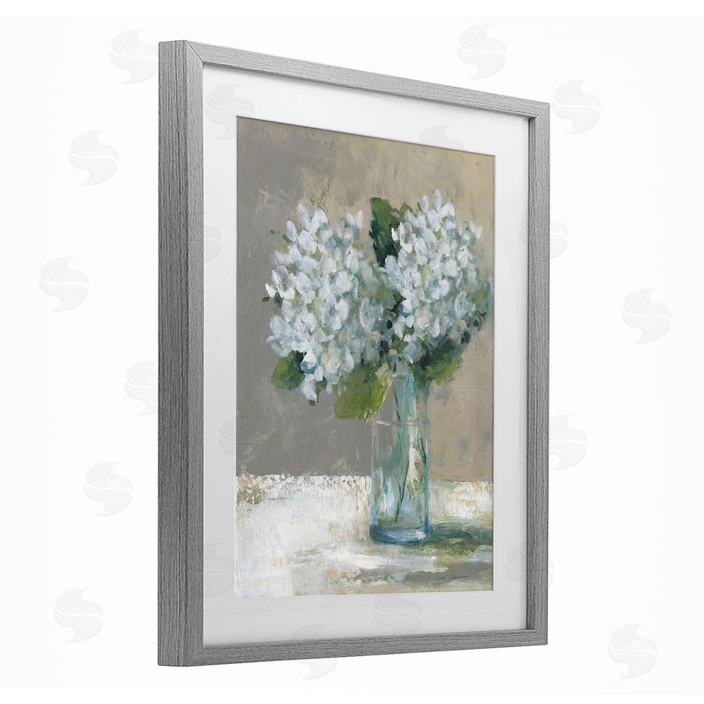 Carol Robinson White Hydrangeas Glass Vase Gray Framed Print Under Glass Wall Art