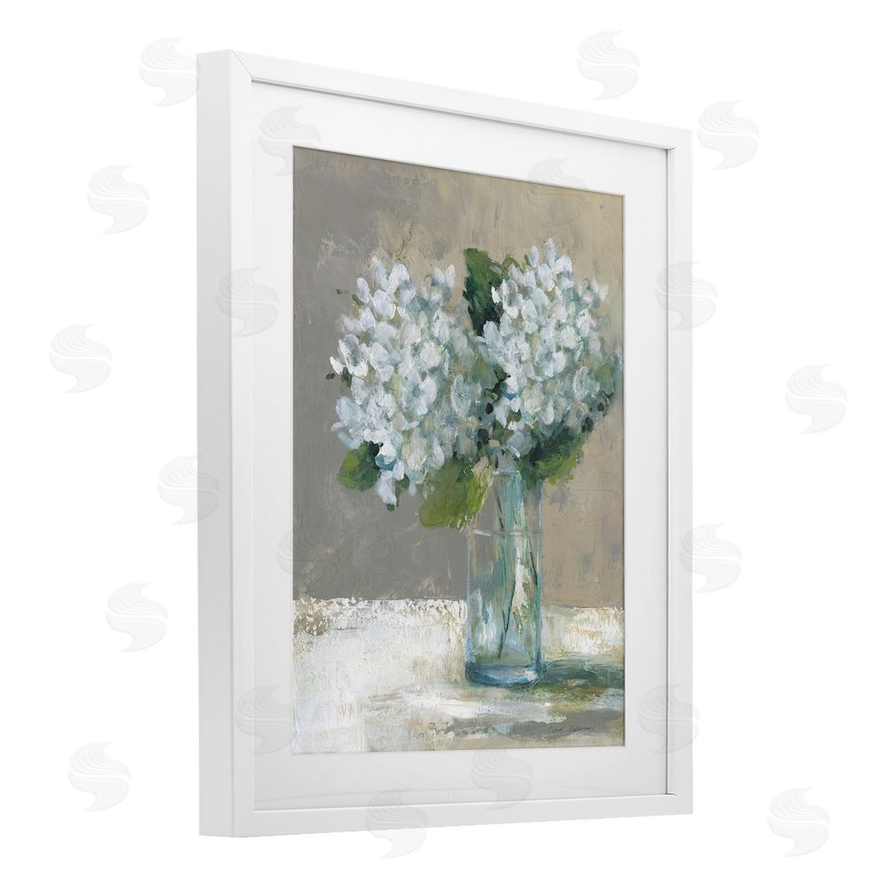 Carol Robinson White Hydrangeas Glass Vase White Framed Print Under Glass Wall Art