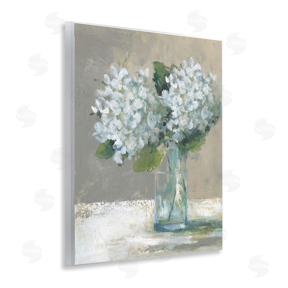 Carol Robinson White Hydrangeas Glass Vase Wooden Wall Plaque Art Print