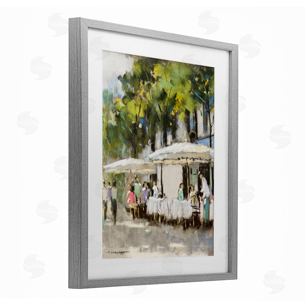 Anthony Orme Sunny Street Cafe Dining Gray Framed Print Under Glass Wall Art