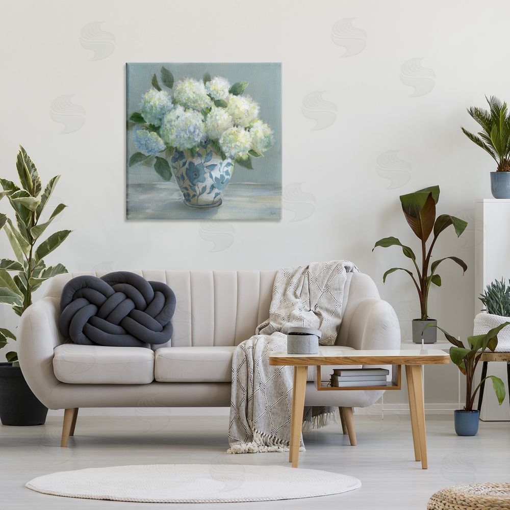 Nan Hydrangeas in Elegant Vase Stretched Canvas Wall Art in Room