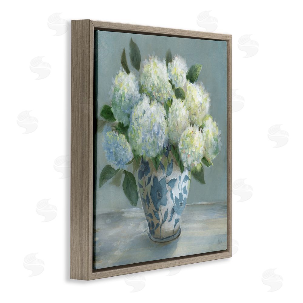 Nan Hydrangeas in Elegant Vase Brown Floating Frame Canvas Wall Art Print