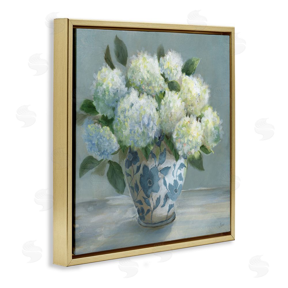 Nan Hydrangeas in Elegant Vase Gold Floating Frame Canvas Wall Art Print
