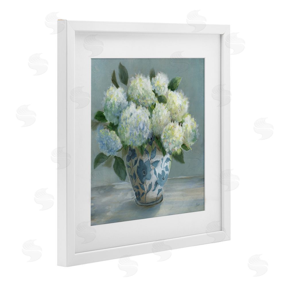 Nan Hydrangeas in Elegant Vase White Framed Print Under Glass Wall Art