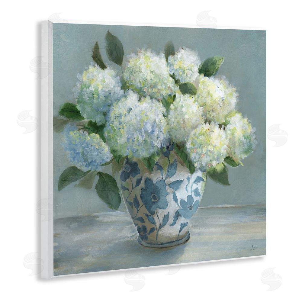 Nan Hydrangeas in Elegant Vase Wooden Wall Plaque Art Print