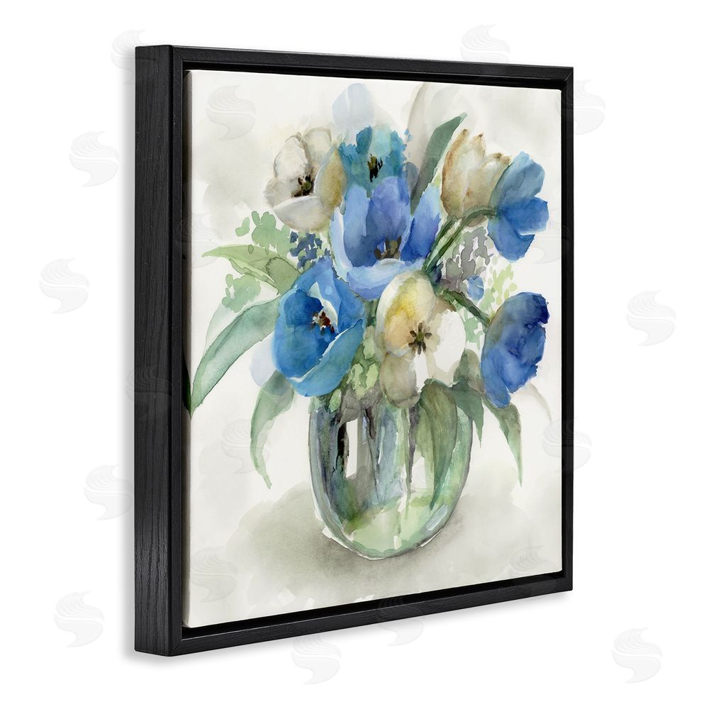 Nan Blue Tulip Watercolor Bouquet Black Floating Frame Canvas Wall Art Print