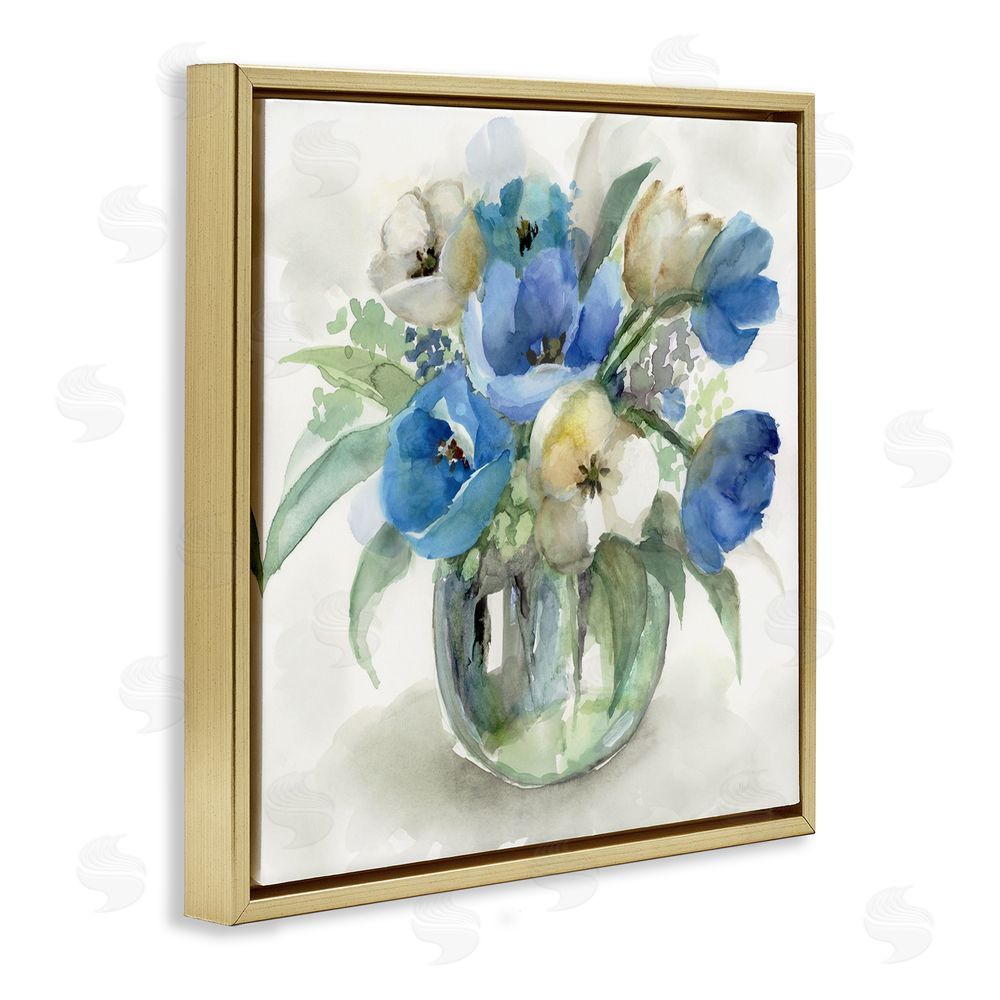 Nan Blue Tulip Watercolor Bouquet Gold Floating Frame Canvas Wall Art Print