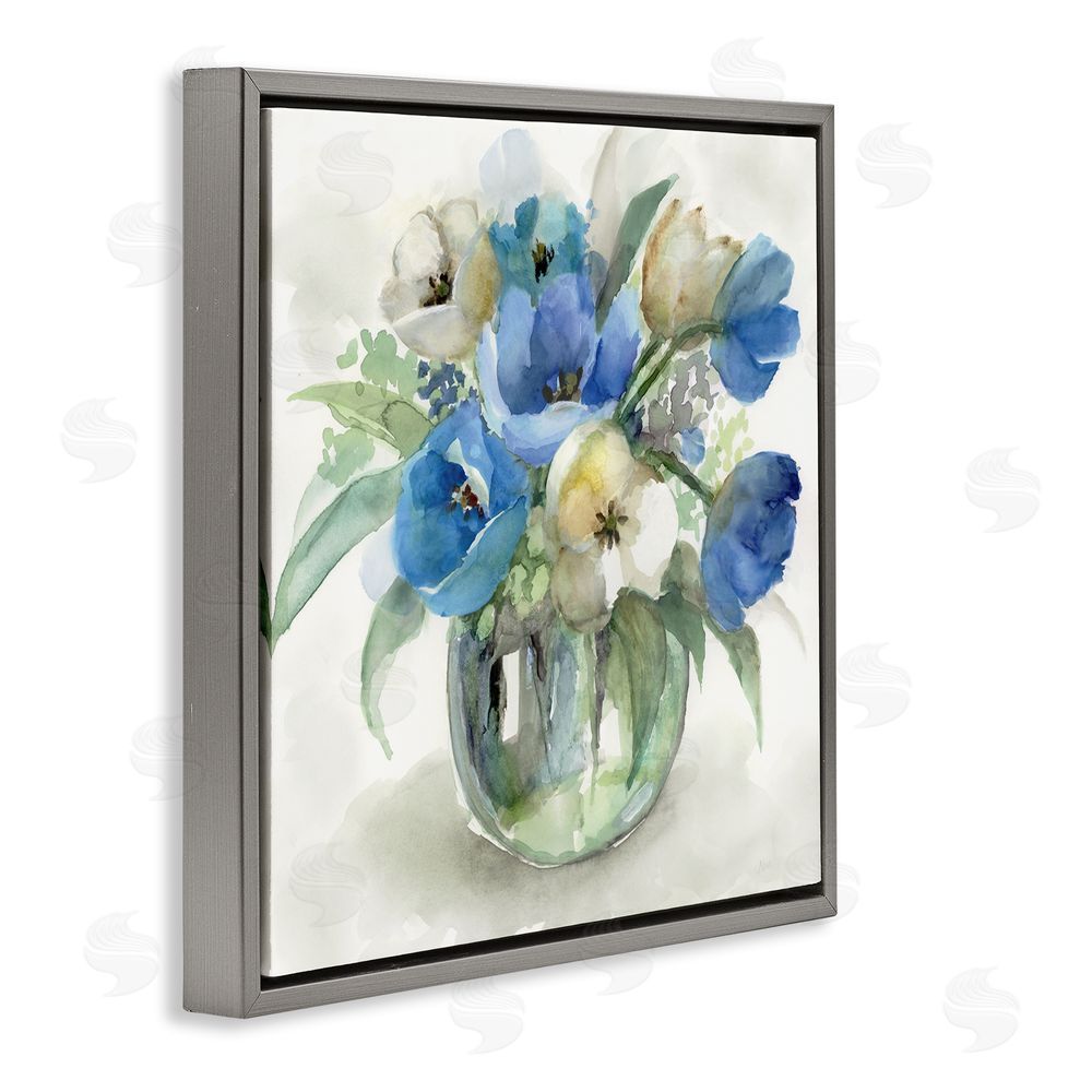 Nan Blue Tulip Watercolor Bouquet Gray Floating Frame Canvas Wall Art Print