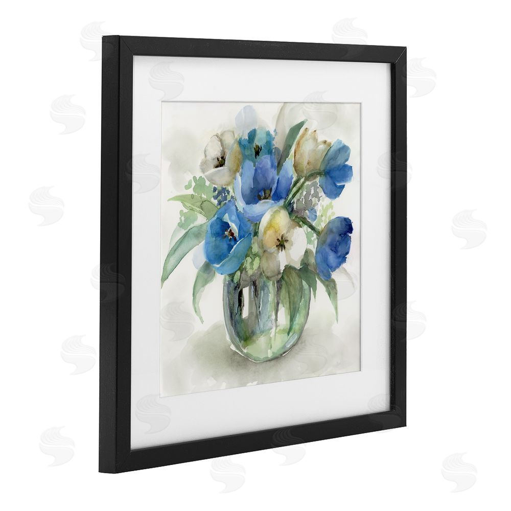 Nan Blue Tulip Watercolor Bouquet Black Framed Print Under Glass Wall Art