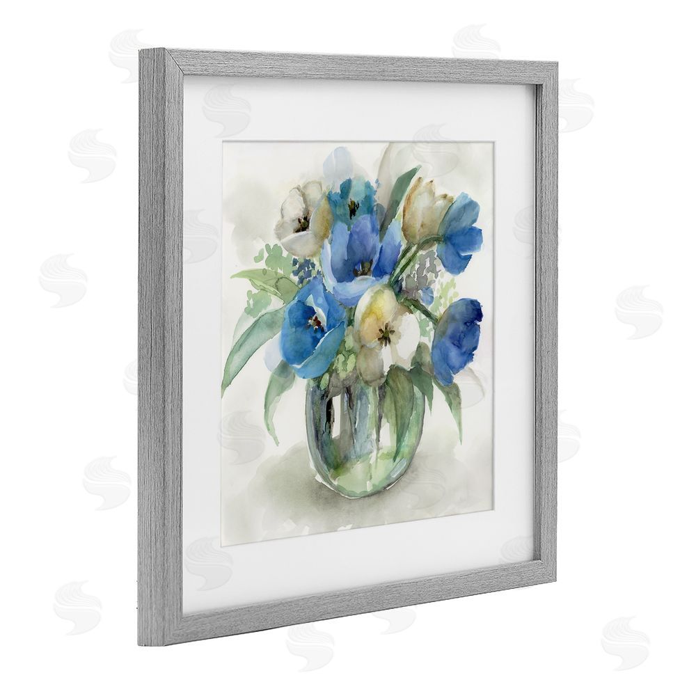 Nan Blue Tulip Watercolor Bouquet Gray Framed Print Under Glass Wall Art