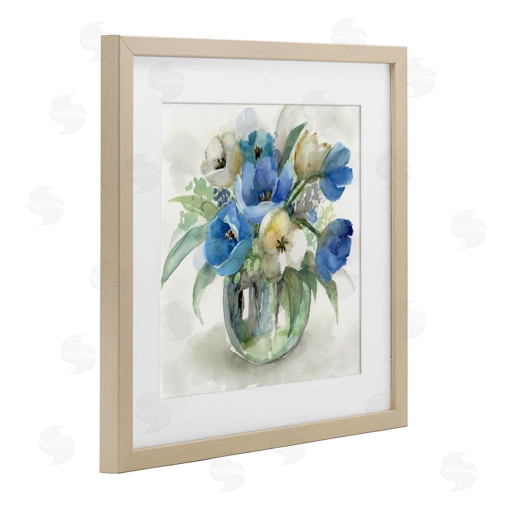 Nan Blue Tulip Watercolor Bouquet Brown Framed Print Under Glass Wall Art