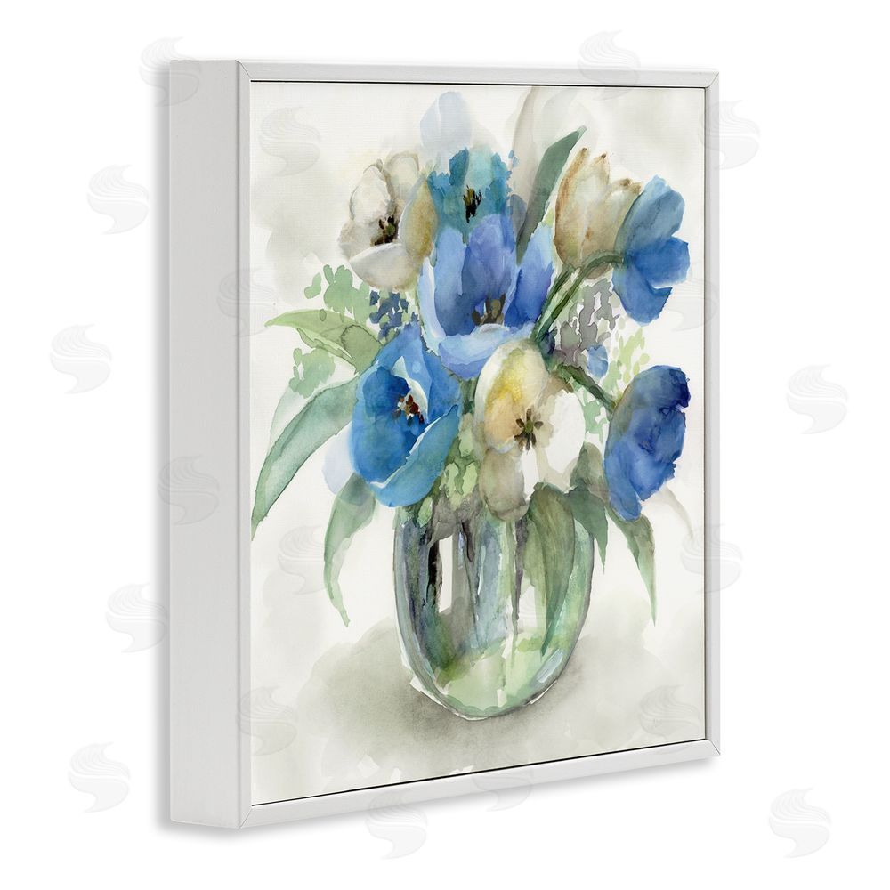 Nan Blue Tulip Watercolor Bouquet White Framed Giclee Wall Art Print