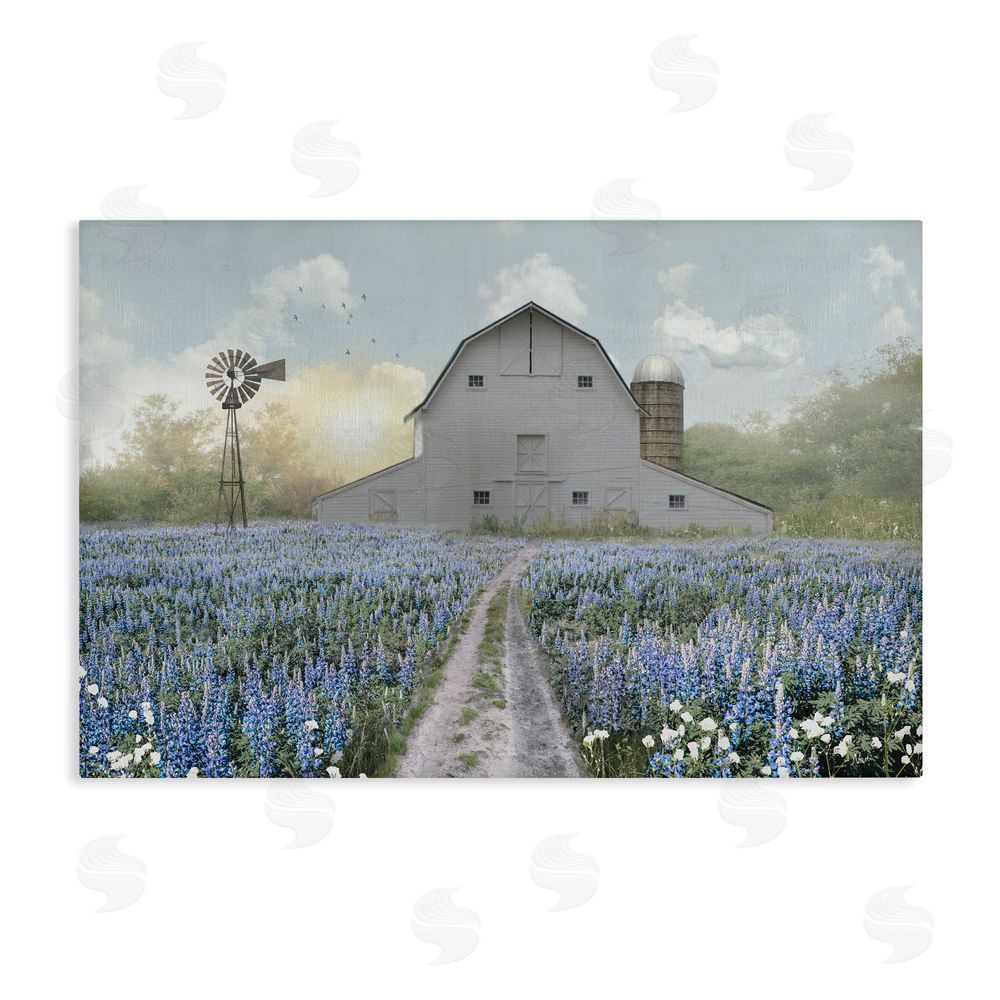 Nan Meadow of Blue Flowers & Barn Stretched Canvas Wall Art Print
