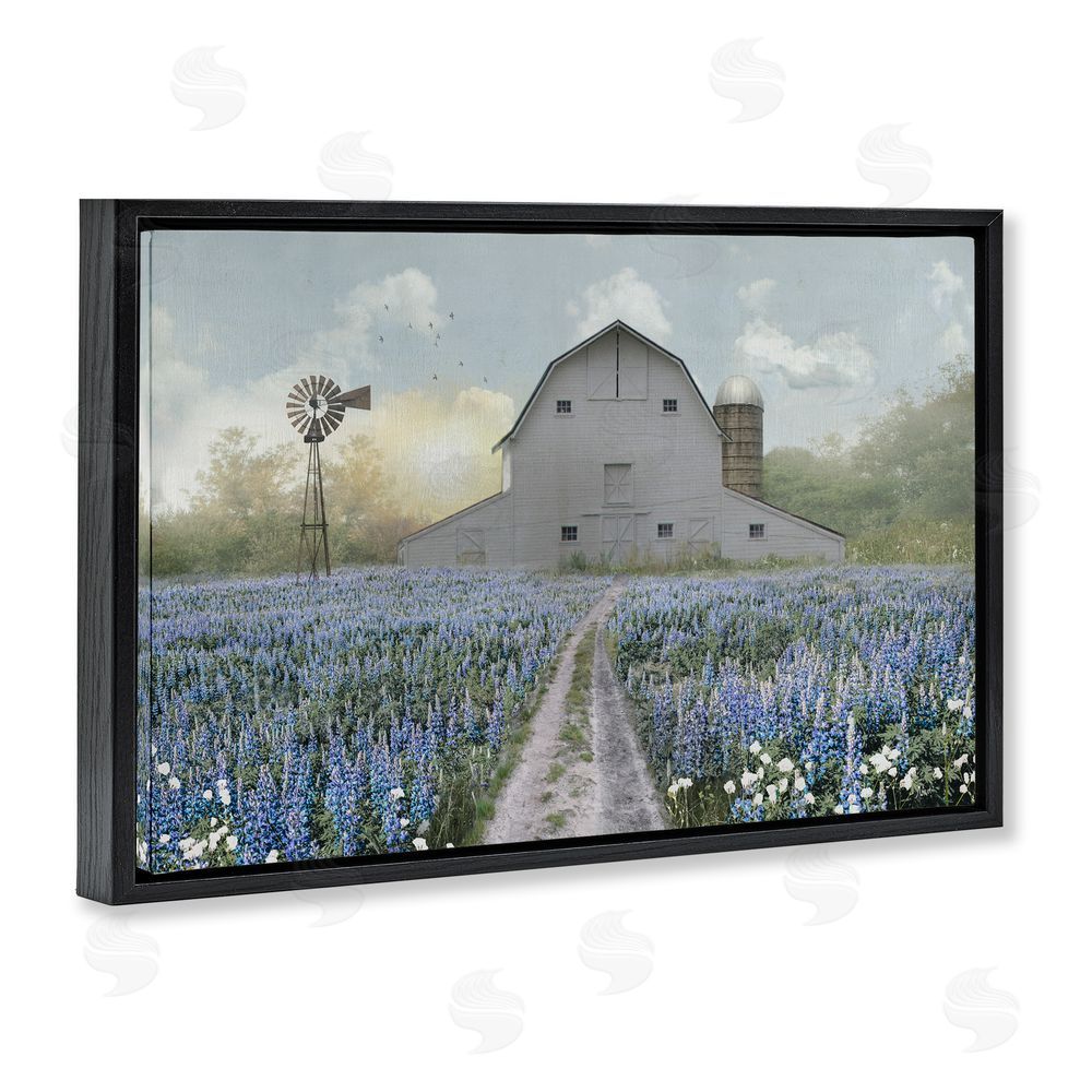 Nan Meadow of Blue Flowers & Barn Black Floating Frame Canvas Wall Art Print