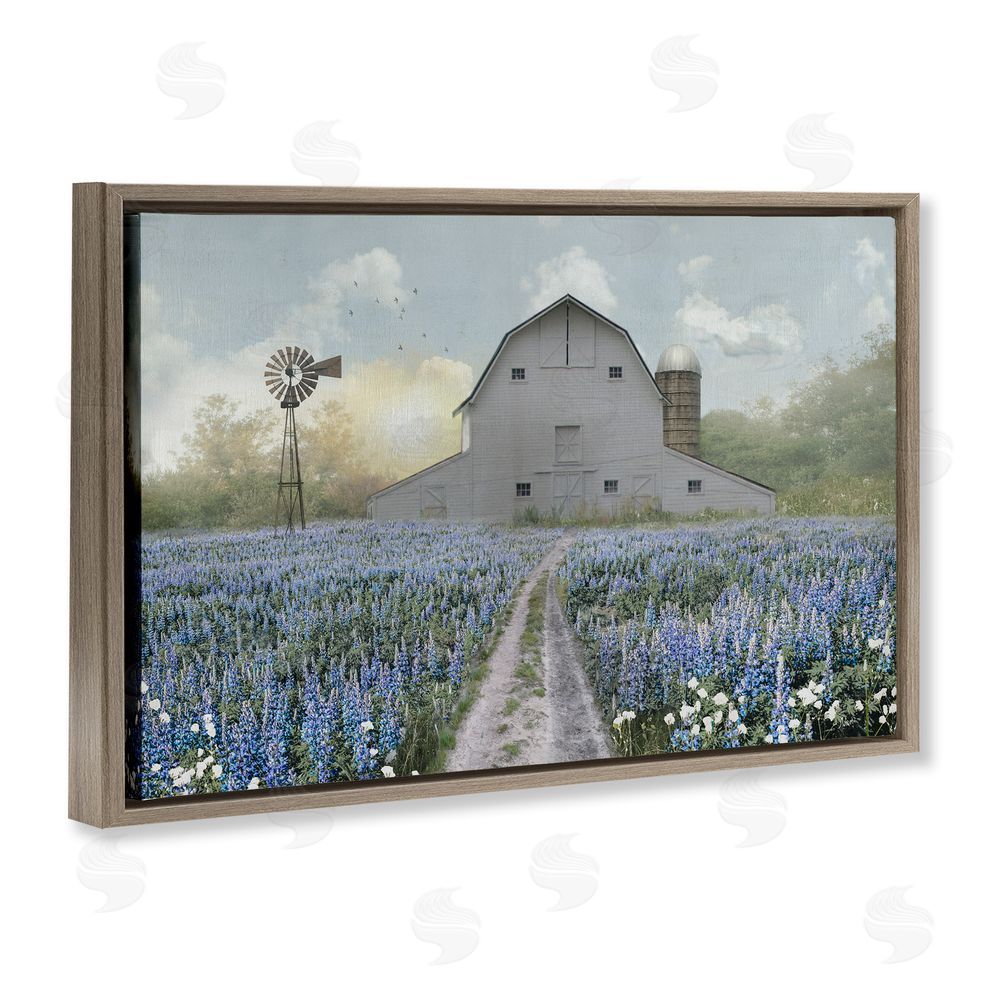 Nan Meadow of Blue Flowers & Barn Brown Floating Frame Canvas Wall Art Print