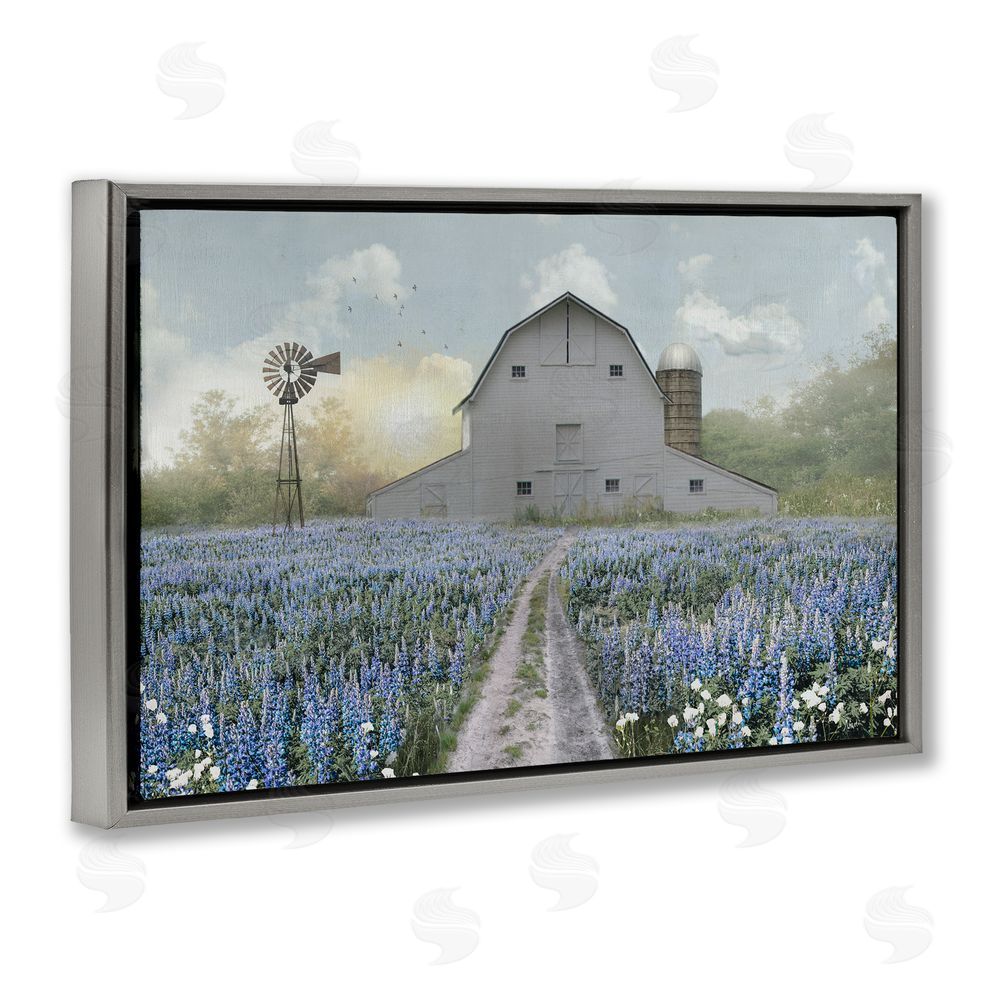 Nan Meadow of Blue Flowers & Barn Gray Floating Frame Canvas Wall Art Print