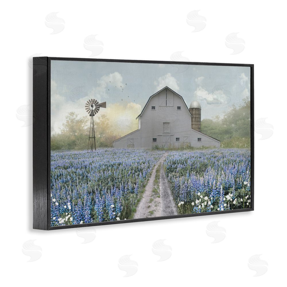 Nan Meadow of Blue Flowers & Barn Black Framed Giclee Wall Art Print