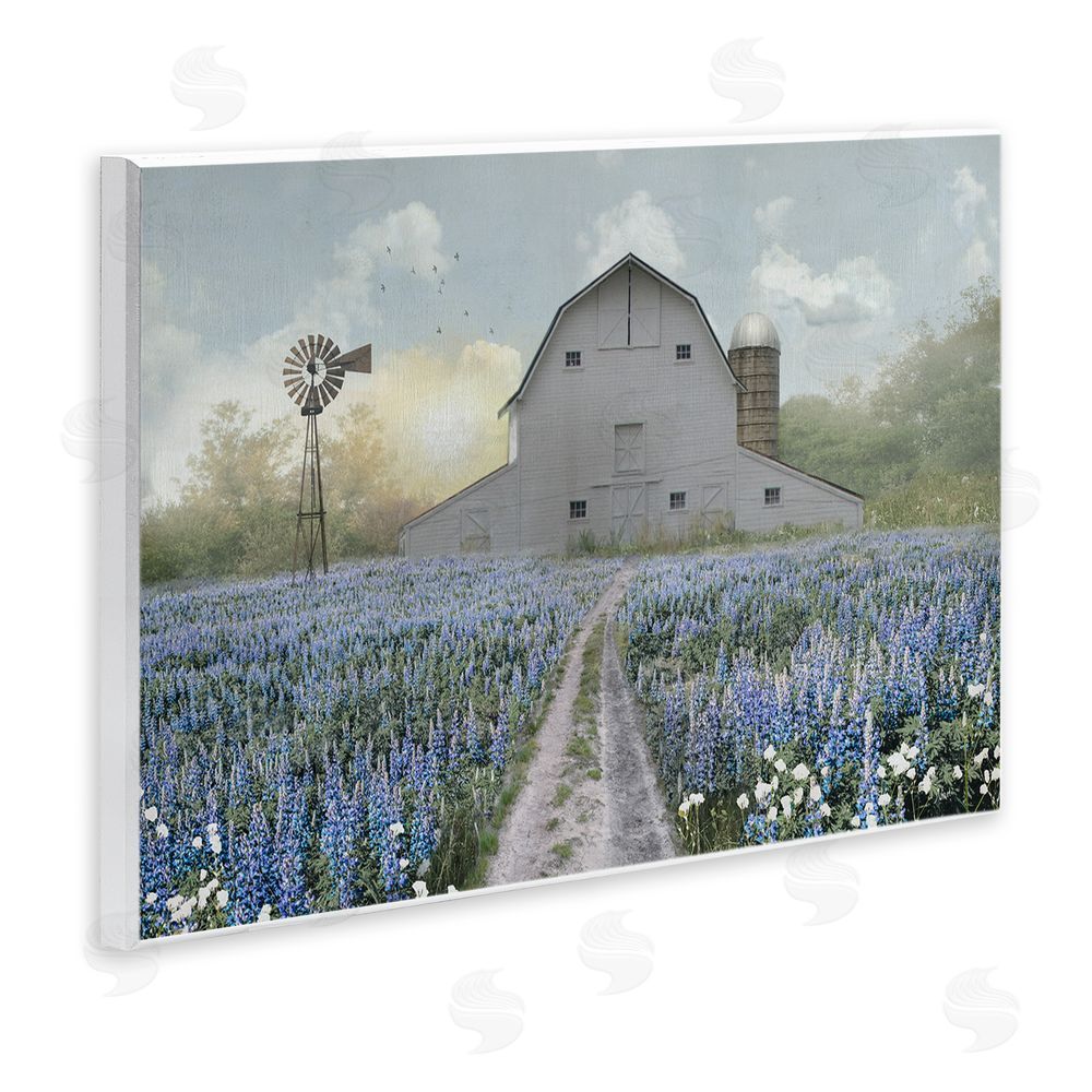 Nan Meadow of Blue Flowers & Barn Wooden Wall Plaque Art Print