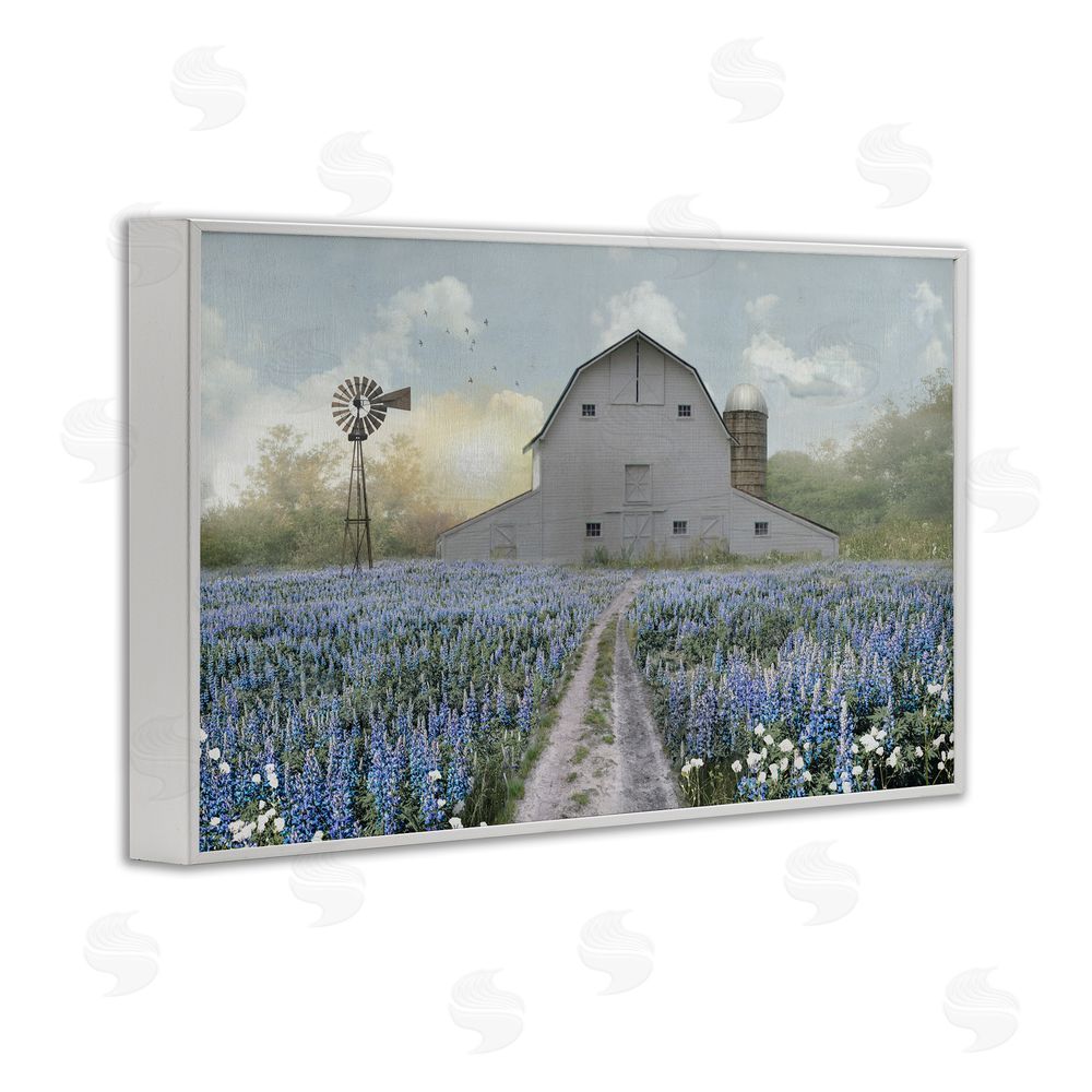 Nan Meadow of Blue Flowers & Barn White Framed Giclee Wall Art Print