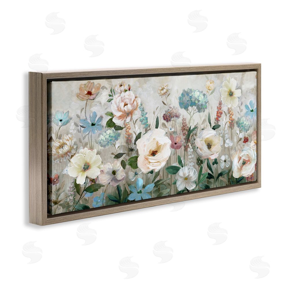 Nan Pastel Garden of Peonies Brown Floating Frame Canvas Wall Art Print